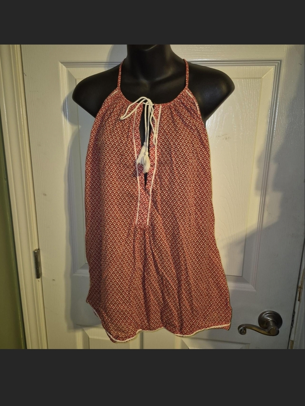 Joe Fresh Red Patterned Halter Tank Top with White Tie